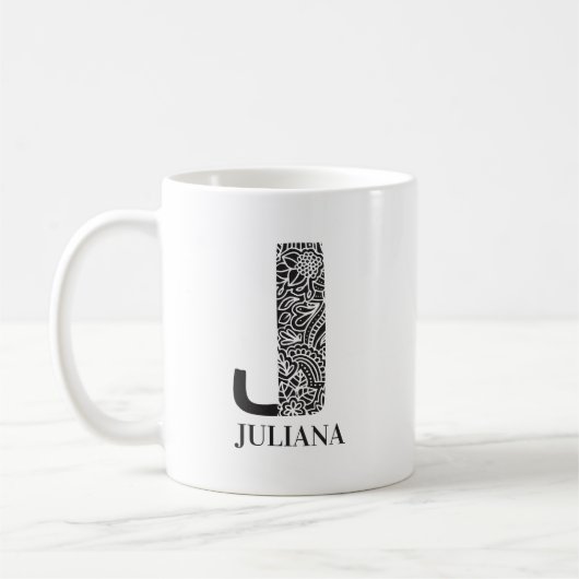 Moderne Schwarz-Weiß-Initial J und Name Kaffeetasse (Links)