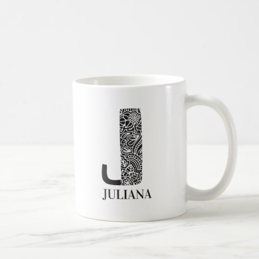 Moderne Schwarz-Weiß-Initial J und Name Kaffeetasse (Rechts)