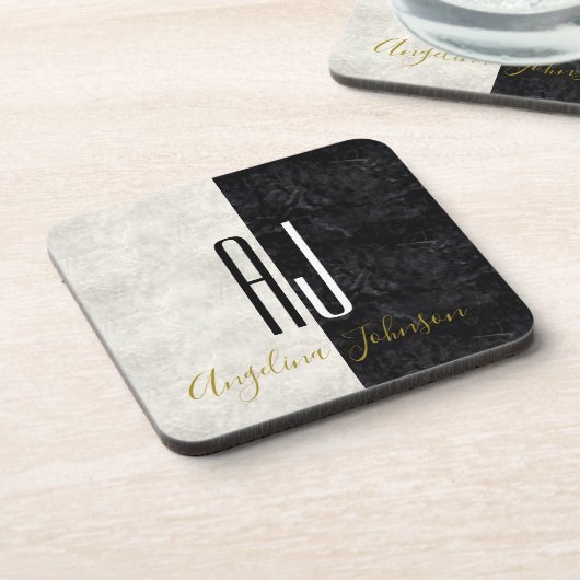 Moderne Schwarz-Weiß-Initialen Mit Monogramm Getränkeuntersetzer (Linke Seite)