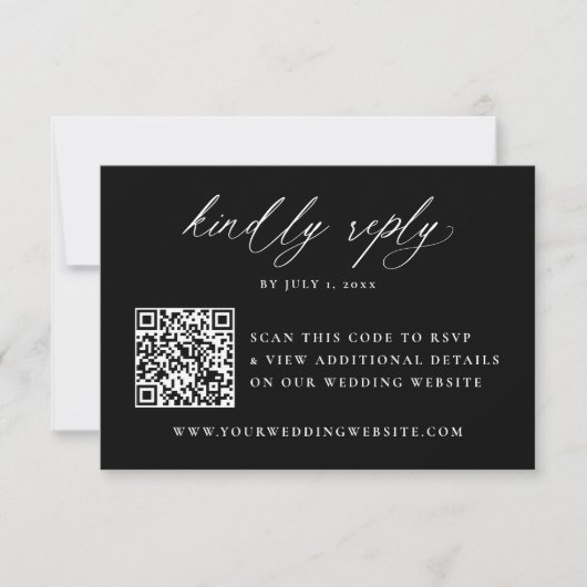Moderne Schwarz-Weiß-Kalligrafie QR-Code Hochzeit RSVP Karte (Vorderseite)