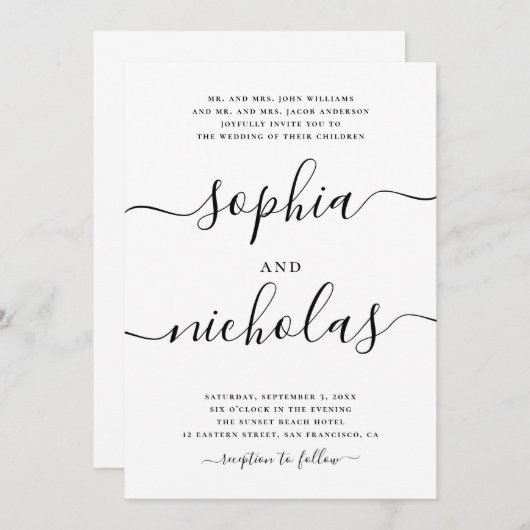 Moderne Schwarz-Weiß-Kalligraphie-Hochzeit - Elega Einladung (Vorne/Hinten)