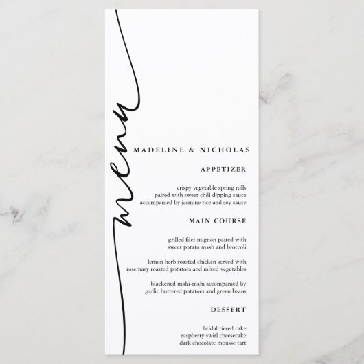 Moderne Schwarz-Weiß-Kalligraphie-Hochzeit Menükarte (Vorderseite)