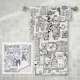 Moderne Schwarz-Weiß-Katzen und Gemusterte Kätzche Badhandtuch Set