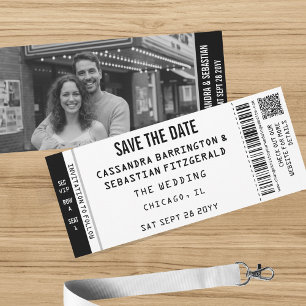 Moderne Schwarz-Weiß-Konzert-Ticket-Foto-QR-Hochze Save The Date