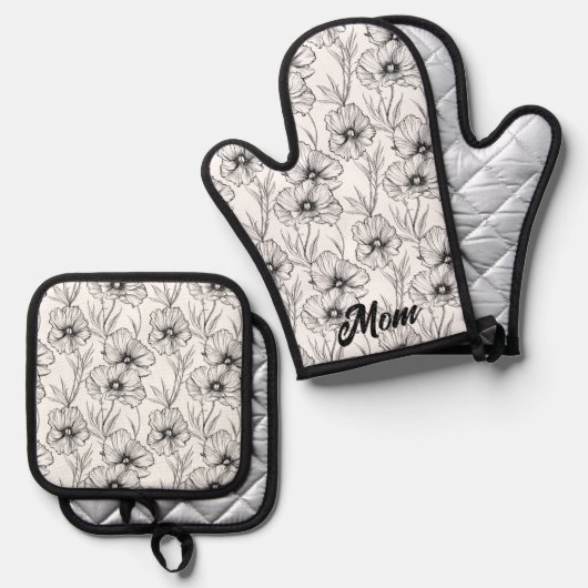 Moderne Schwarz-Weiß-Mama Personalisiert Ofenhandschuh & Topflappen-Set (Vorderseite/Rückseite)