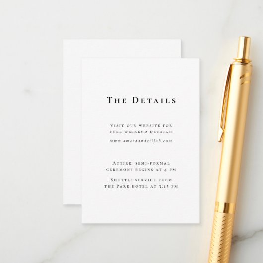 Moderne Schwarz-Weiß-Minimal-Hochzeitsdetails Begleitkarte (Vorderseite/Rückseite Beispiel)