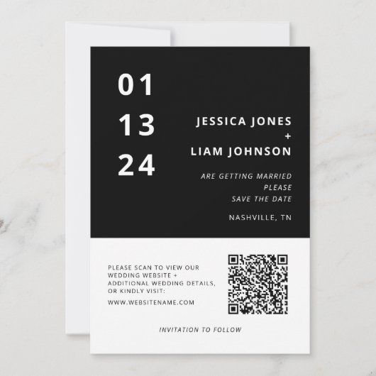 Moderne Schwarz-Weiß-Minimalist-Ehe-QR-Code Save The Date (Vorderseite)