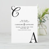 Moderne Schwarz-Weiß-Minimalist-Monogramm-Hochzeit Save The Date (Stehend Vorderseite)