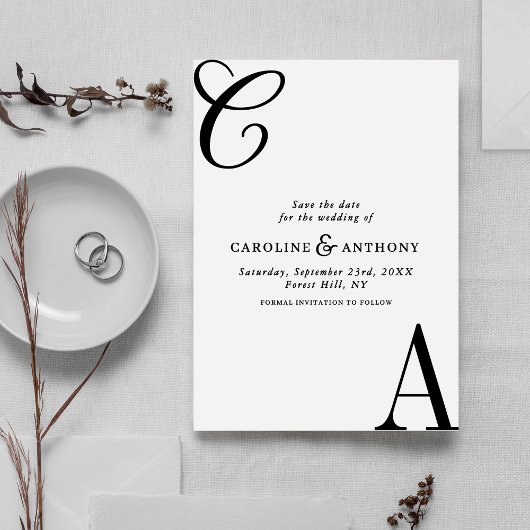 Moderne Schwarz-Weiß-Minimalist-Monogramm-Hochzeit Save The Date