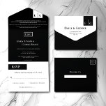 Moderne Schwarz-Weiß-Monogramm-Hochzeit All In One Einladung<br><div class="desc">Machen Sie eine Aussage mit dieser zeitlosen und klassischen Schwarz-Weiß-Monogramm Hochzeitseinladung. Die fett weiße Typografie auf schwarzem Hintergrund schafft einen auffallenden Kontrast und einen einzigartigen Look. Ideal für Hochzeiten, Verlobungen und andere besondere Anlässe, wird diese Einladung einen bleibenden Eindruck hinterlassen. Das schlichte und dennoch elegante Design wird sich in der...</div>