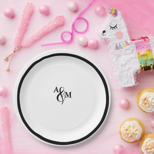 Moderne Schwarz-Weiß-Monogramm-Hochzeit Pappteller (Party)