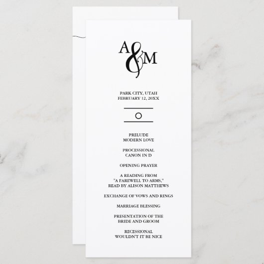 Moderne Schwarz-Weiß-Monogramm-Hochzeit Programm (Vorne/Hinten)