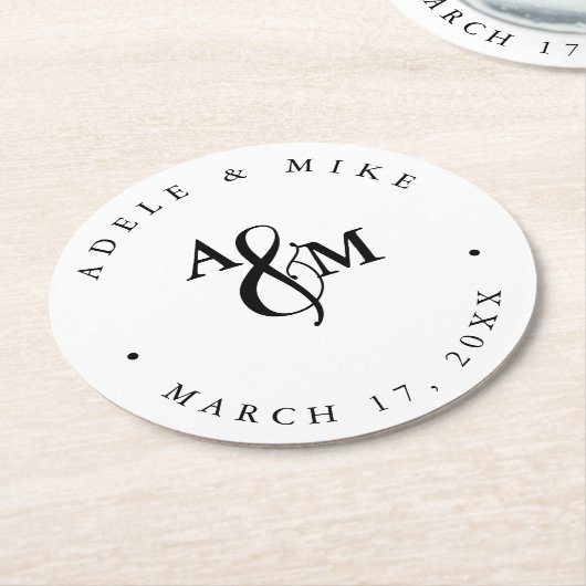 Moderne Schwarz-Weiß-Monogramm-Hochzeit Runder Pappuntersetzer (Angewinkelt)