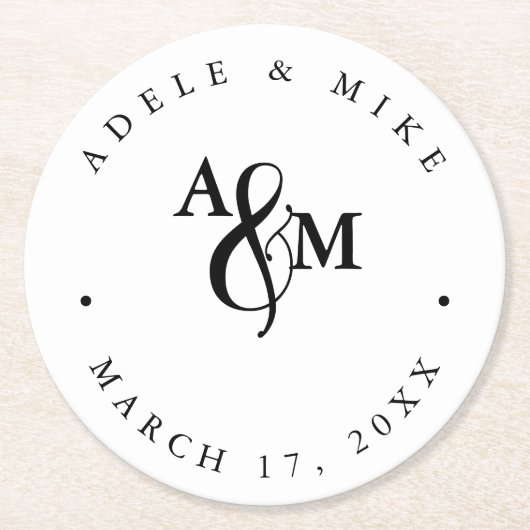 Moderne Schwarz-Weiß-Monogramm-Hochzeit Runder Pappuntersetzer (Vorderseite)