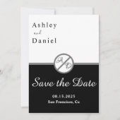 Moderne Schwarz-Weiß-Monogramm-Hochzeit Save The Date (Vorderseite)