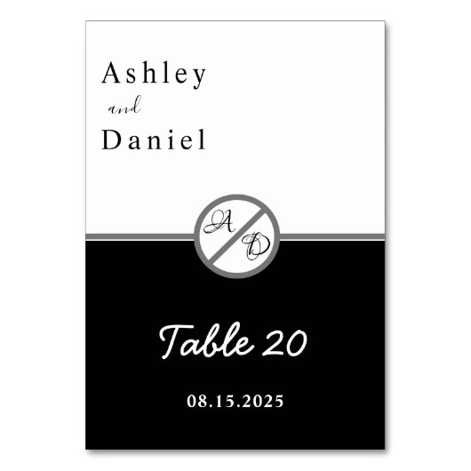 Moderne Schwarz-Weiß-Monogramm-Hochzeit Tischnummer (Rückseite)