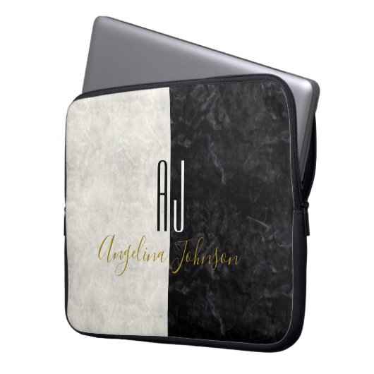 Moderne Schwarz-Weiß-Monogramm-Initialen aus Marmo Laptopschutzhülle (Vorderseite Links)