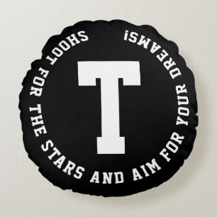 Moderne Schwarz-Weiß-Monogramm-Name-Initial-Fett-T Rundes Kissen