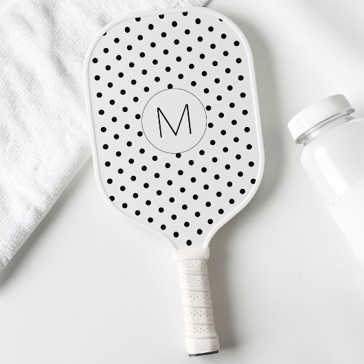 Moderne Schwarz-Weiß-Monogramm-Polka-Dot Pickleball Schläger