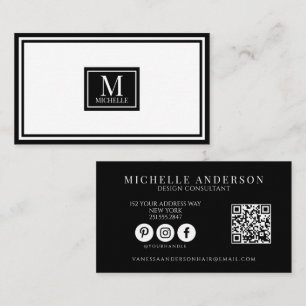 Moderne Schwarz-Weiß-Monogramm-Rand-QR-Code Visitenkarte