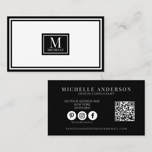 Moderne Schwarz-Weiß-Monogramm-Rand-QR-Code Visitenkarte (Vorne/Hinten)