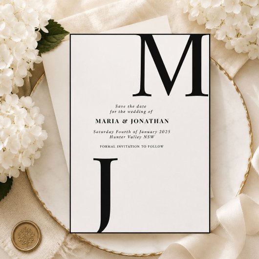 Moderne Schwarz-Weiß-Monogramm Save-the-Date-Karte Save The Date