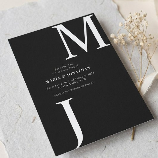Moderne Schwarz-Weiß-Monogramm Save-the-Date-Karte Save The Date