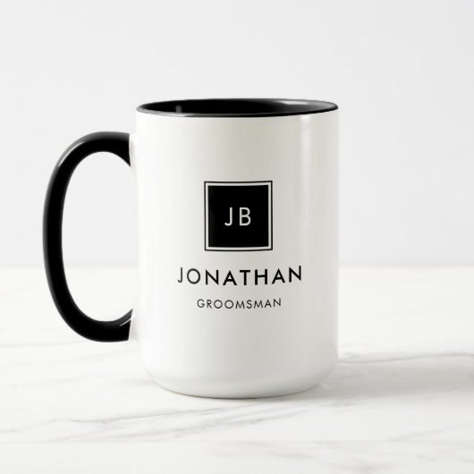 Moderne Schwarz-Weiß-Monogramm-Trauzeugen Tasse (Links)