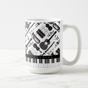 Moderne Schwarz-Weiß-Musikinstrumente-Muster Kaffeetasse