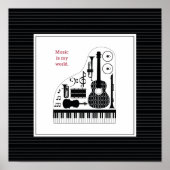 Moderne Schwarz-Weiß-Musikinstrumente-Muster Poster (Vorne)