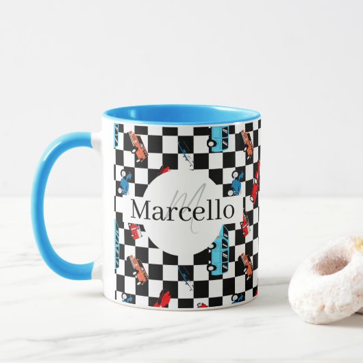 Moderne Schwarz-Weiß-Muster mit Autos Tasse (Mit Donut)