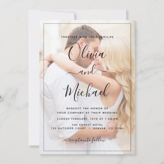 Moderne Schwarz-Weiß-Overlay-Foto-Hochzeit Einladung (Vorderseite)