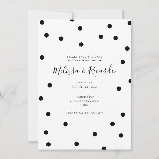 Moderne Schwarz-Weiß-Polka-Punkte Save the Date (Vorderseite)