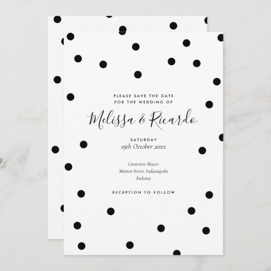 Moderne Schwarz-Weiß-Polka-Punkte Save the Date (Vorne/Hinten)