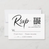 Moderne Schwarz-Weiß-QR-Code-Antwort-Quince-Script RSVP Karte (Vorderseite)