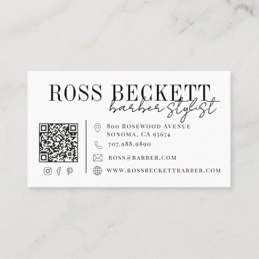 Moderne Schwarz-Weiß-QR-Code-Barber-Friseur Visitenkarte (Vorderseite)