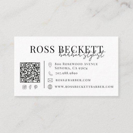 Moderne Schwarz-Weiß-QR-Code-Barbier Visitenkarte (Vorderseite)
