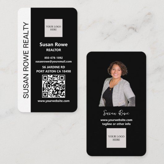 Moderne Schwarz-Weiß-QR-Code-Foto Visitenkarte (Vorne/Hinten)