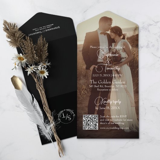 Moderne Schwarz-Weiß-QR-Foto-Hochzeit All In One Einladung