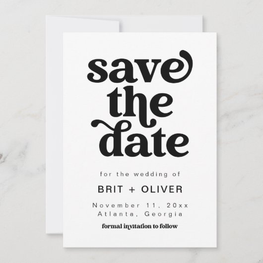 Moderne Schwarz-Weiß-Retro-Hochzeit rettet das Dat Einladung (Vorderseite)