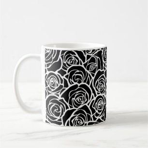 Moderne Schwarz-Weiß-Rosen Chic Floralmuster Kaffeetasse