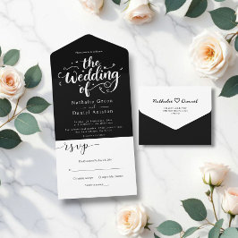 Moderne Schwarz-Weiß-Schrift Elegante Hochzeit All In One Einladung