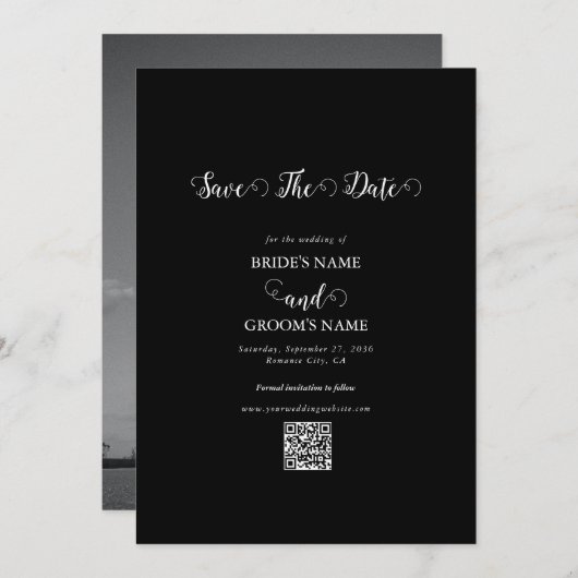 Moderne Schwarz-Weiß-Script-Couple-Foto-Hochzeit Save The Date (Vorne/Hinten)