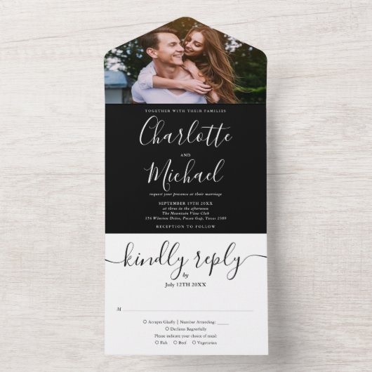 Moderne Schwarz-Weiß-Script-Foto-Hochzeit All In One Einladung (Innen Boden)