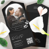 Moderne Schwarz-Weiß-Script-Foto-Hochzeit All In One Einladung