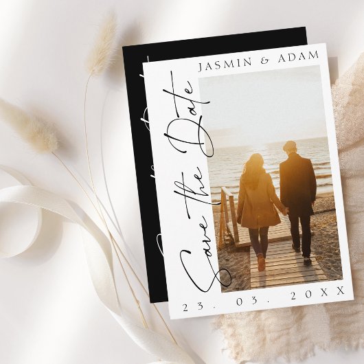 Moderne Schwarz-Weiß-Script-Foto-Hochzeit Save The Date