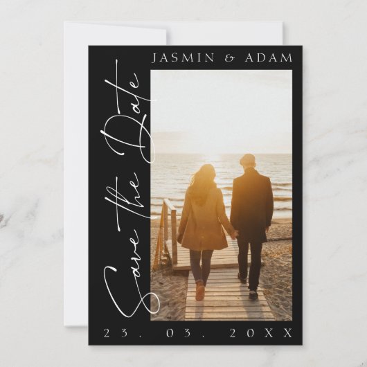 Moderne Schwarz-Weiß-Script-Foto-Hochzeit Save The Date (Vorderseite)
