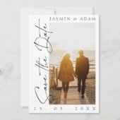 Moderne Schwarz-Weiß-Script-Foto-Hochzeit Save The Date (Vorderseite)