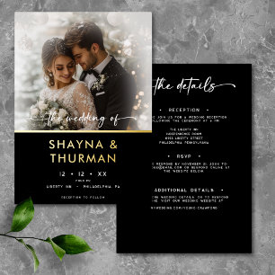 Moderne Schwarz-Weiß-Script-Foto-Minimal-Hochzeit Folieneinladung