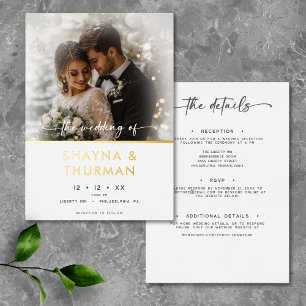 Moderne Schwarz-Weiß-Script-Foto-Minimal-Hochzeit Folieneinladung